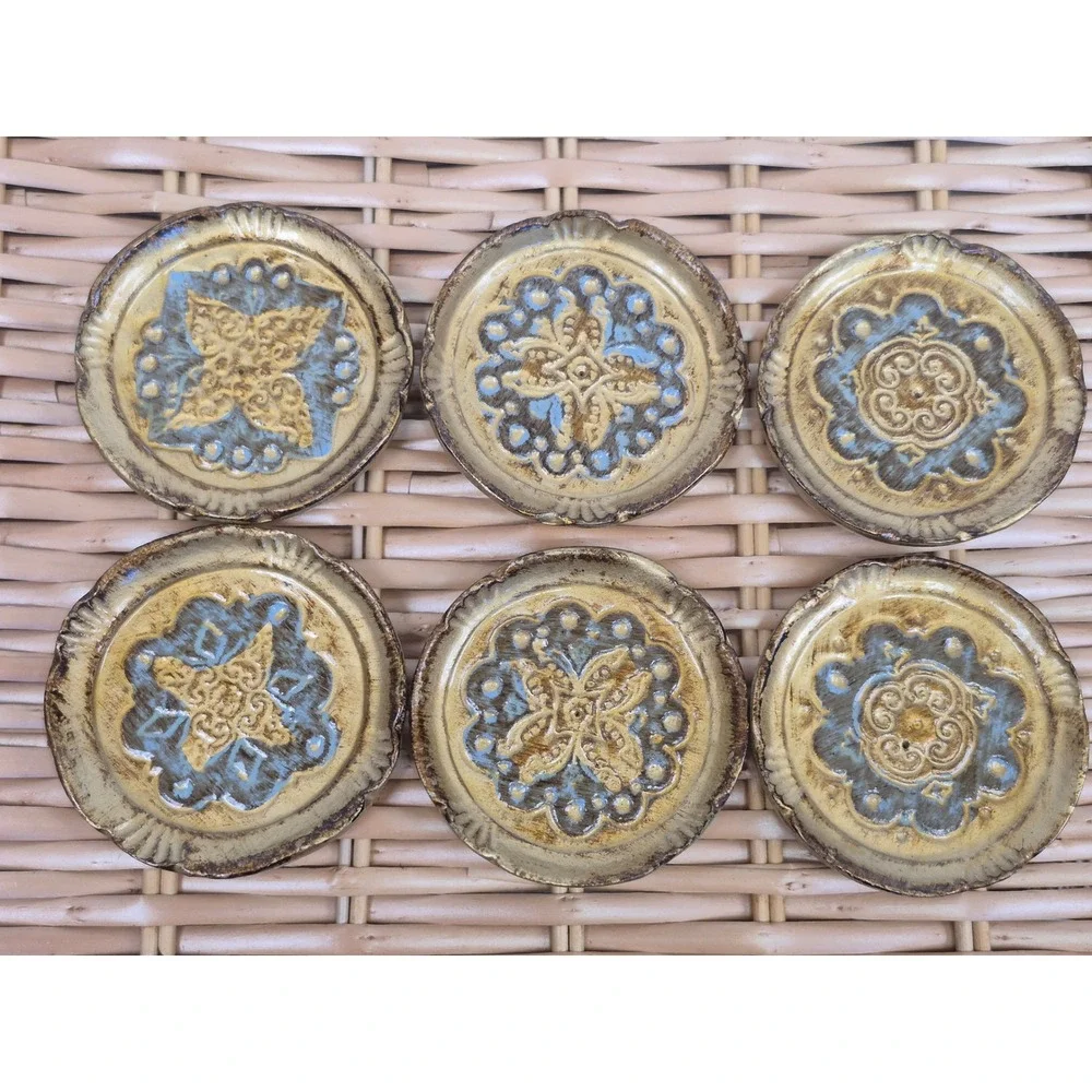 Vintage Florentine Gold Blue Embossed Wood Trivets Set of 6 Italian Wall Decor